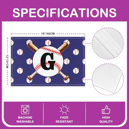 Baseball Placemats Initial Letter G Print Table Mats for Boys Teens Adults Baseball Bat Ball Sports Blue Kitchen Mats for Dining Table 12x18 Inch Set of 4 - color: Blue G