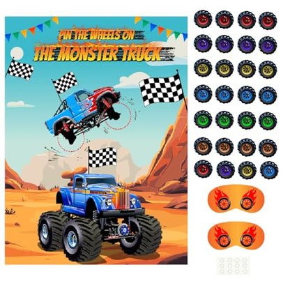 PLULON Pin The Wheels on The Truck Party Game for Kids, Birthday Pin The Tail Games Big Poster with Tyres Stickers for Car Theme Party Favors Decorations Boys Birthday Party Supplies - style: Truck