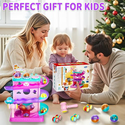 Funwee 2-in-1 Light Up Rolling Ball & Racing Car Ramp Toddler Toy, Race Track Hammer Ball Drop Toys, Interactive Montessori Learning Game for Kids 1-5+ Year Old Girl Boy Gift(Pink) - color: Pink