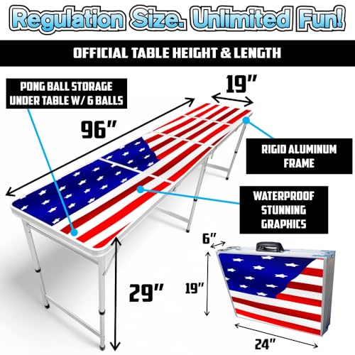 8-Foot Regulation Length Folding Table w/Optional Cup Holes, LED Lights, Custom Graphic (Choose Your Model) - color: Stars & Stripes, style: w/ LED Lights