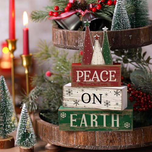 Lineshading 4 Pcs Christmas Table Decoration Wooden Christmas Tree Sign Winter Tiered Tray Decor Decorative Red Green and White Tree Block Signs Xmas Table Centerpiece Farmhouse Decor for Home Kitchen - style: Christmas Tree