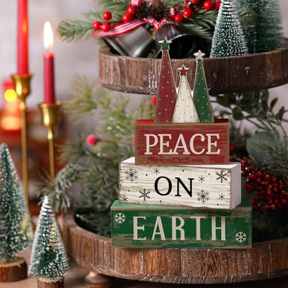 Lineshading 4 Pcs Christmas Table Decoration Wooden Christmas Tree Sign Winter Tiered Tray Decor Decorative Red Green and White Tree Block Signs Xmas Table Centerpiece Farmhouse Decor for Home Kitchen - style: Christmas Tree