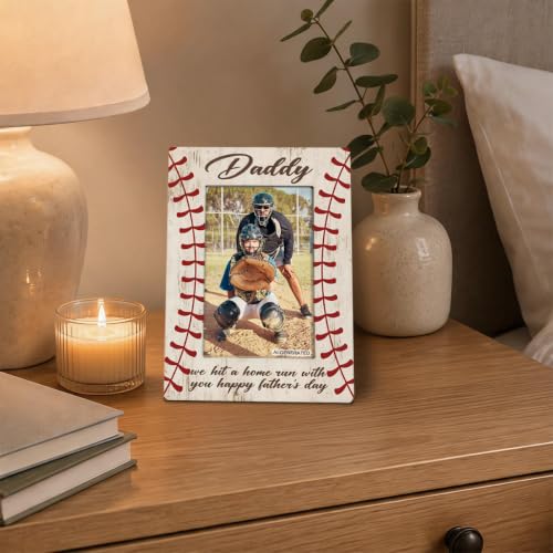 Baseball Dad Picture Frame, God Hit Home Run, Happy Daddy Gift from Kids, Home Bedroom Desk Shelf Table, Wood Sports Gifts