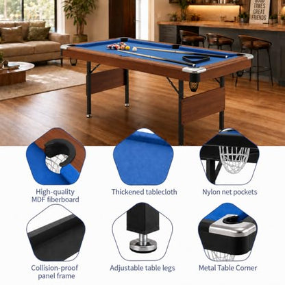 63.8 Inch Foldable Pool Table, No Assembly, Steel Folding Legs, 4-Point Leveling Feet, Complete Set — 16 Balls, Triangle, Chalk, Felt Brush - color: Blue Felt+Wood Color Frame
