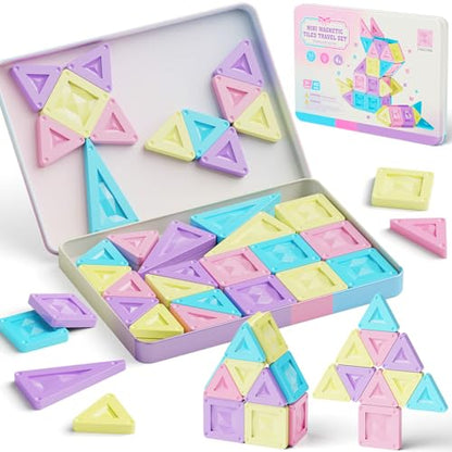 burgkidz Travel Magnetic Tiles for Girls : 40 PCS Macaron Mini Magnet Blocks with Pink Tin Box - 120 Mins Quiet Play for Airplane Car Essentials, Present for Girls Ages 3-8 Year Old
