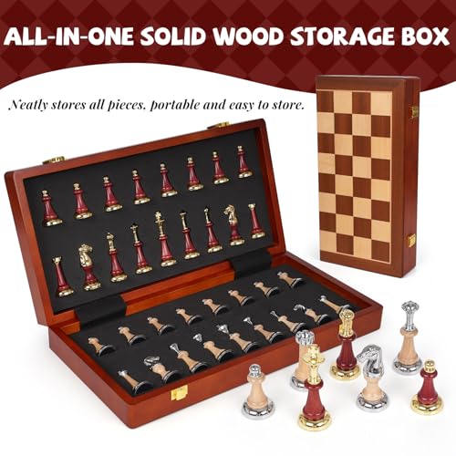 Large Wooden Chess Set with Metal & Wooden Chess Pieces, Luxury 17 Inch Chess Board Game with 2 Extra Queens, Premium Classic Strategy Board Game for Adults, Kids, Beginners & Gift Lovers