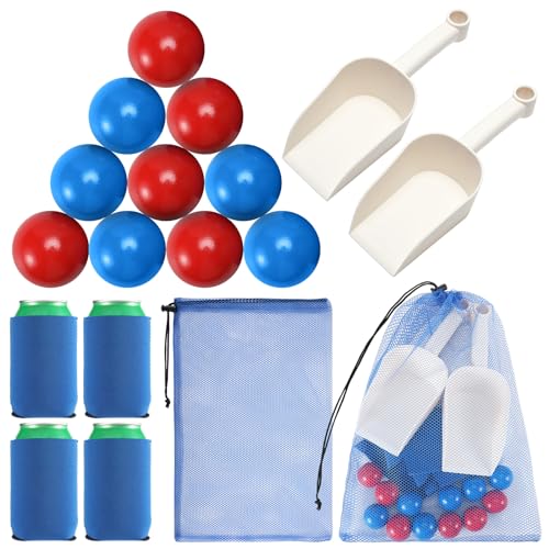 RoundFunny Outdoor Beach Toss Accessories Set and Must Haves 12 Beach Balls 2 Plastic Sand Shovels 4 Cup Sleeves 1 Mesh Bag for Family Adult Friends Summer