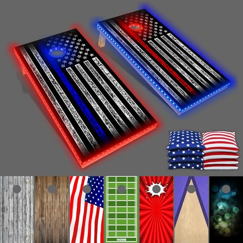 PartyToss Cornhole Boards/Bean Bag Toss Game Set w/Optional LED Lights & Graphics - Choose Your Model - color: Red_Blue Line