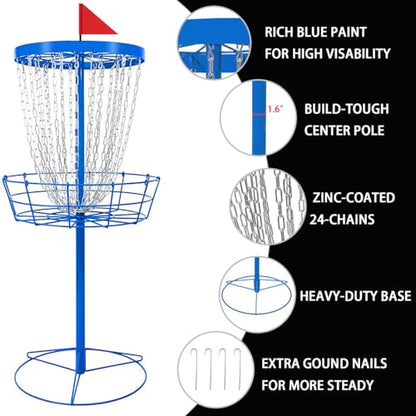 TARUMG Disc Golf Basket - Portable Disc Golf Target with Heavy Duty 24-Chains Come with Transit Bag and 3pcs Disc Golf Discs, Ground Stake -Suitable for Players of All Levels - Multi Color Available - style: Plus Blue