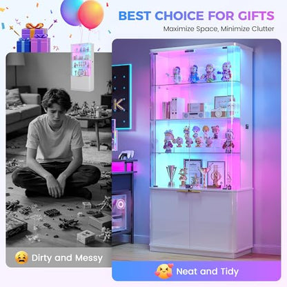 Dystler 71" Locking Glass Display Cabinet, 6-Tier Curio Case with RGB Light | Key Lock, Tempered Glass Shelves, RGB Motion-Sensor Lights, App Control, Curved Safety Edges, for Trophies & Figures - color: White