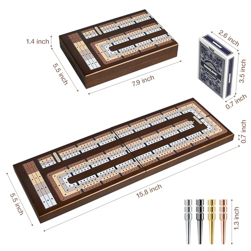 VAMSLOVE Upgraded Wooden 4-Track Cribbage Board Game 16 inches Foldable Magnetic Scoreboard with Large Slot for Storing 1 Playing Card and 12 Metal Pegs, Travel Family Game Night Instruction Included