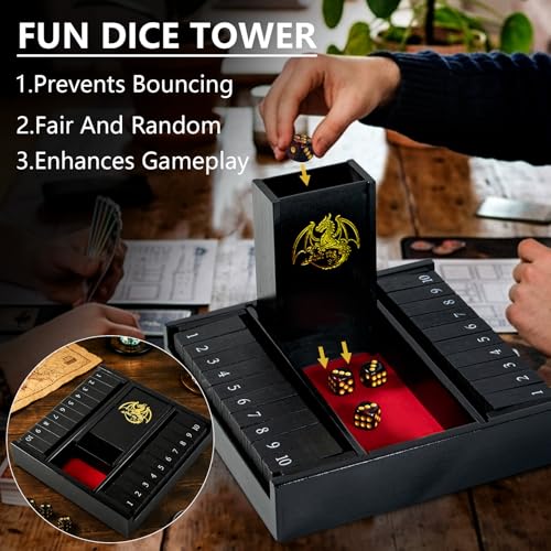 Shut the Box Dice Board Game Wooden for 2 Players,Close the Box Game with 4 Dice,Dice Tower and Manual, Classic Family Board Game for Game Night (2-Players)