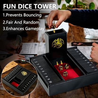 Shut the Box Dice Board Game Wooden for 2 Players,Close the Box Game with 4 Dice,Dice Tower and Manual, Classic Family Board Game for Game Night (2-Players)