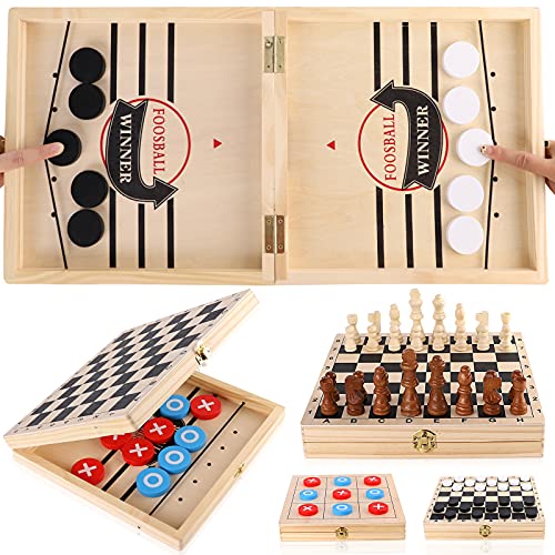Sling Puck Game, Chess Checkers Game Set, 4 in 1 Folding Wooden Board Game, Fast Hockey Table Game, Portable Tabletop Tic Tac Toe Slingshot Chess Set for Kids and Adults