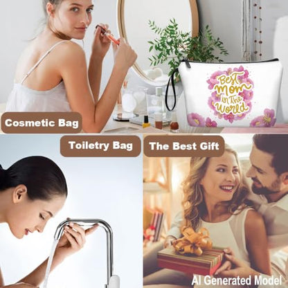 Mom Makeup Bag Set Gift with Mirror – Best Mom Travel Cosmetic Pouch, Mama Cosmetic Bag Set for Wife & Female Friends - color: Best mom in the world-white-2S