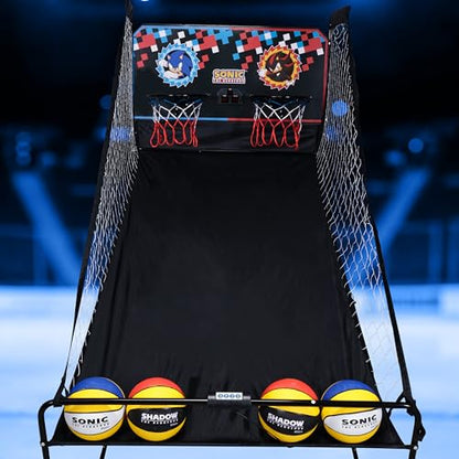 Voyager Sonic The Hedgehog Electronic Double Shot Arcade Game, Indoor Basketball with 4 Balls, LED Scoreboard & Folding Frame, Kids Arcade Game for Home & Playroom