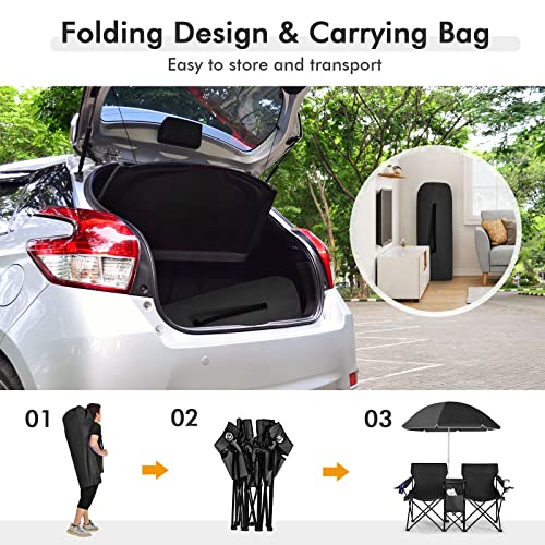LUARANE Folding Double Camping Chair, Outdoor Picnic Chairs w/Removable Umbrella, Mini Table, Cup Holder & Carrying Bag, Portable Camping Loveseat for Patio, Pool, Lawn, Beach, Park (Black) - color: Black