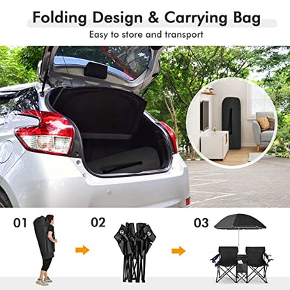 LUARANE Folding Double Camping Chair, Outdoor Picnic Chairs w/Removable Umbrella, Mini Table, Cup Holder & Carrying Bag, Portable Camping Loveseat for Patio, Pool, Lawn, Beach, Park (Black) - color: Black