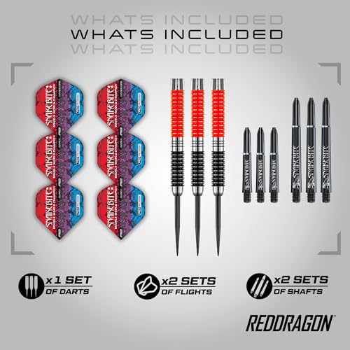 RED DRAGON Game On Professional Player Series Steel Tip Darts Set - Stainless Steel Darts with VRX Shafts & Flights - Available in Iceman, Coolhand & Snakebite Styles - style: Snakebite