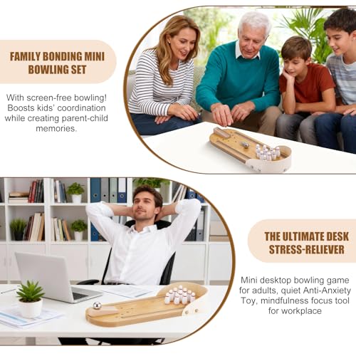 Mini Bowling Game Set, Wooden Tabletop Board Game | Portable Tabletop Play Kit, Stress Relief Desktop Toy, All-Ages Gift, White Elephant Present For Office Gatherings