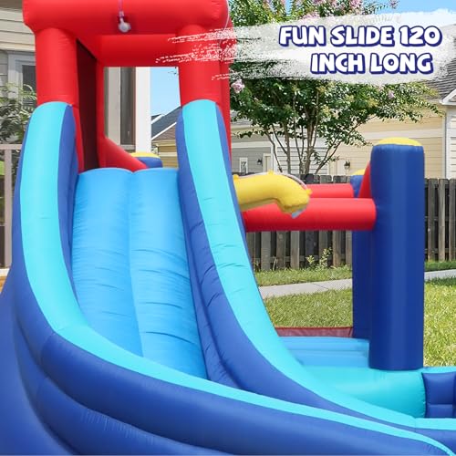 Action Air Inflatable Water Slide for Kids, Backyard Water Park with Big Bouncy Area, Splash Pool, Long Slide, Water Cannon & Sprinkler, 193x138x91 Inch Outdoor Bouncy Castle for Summer Party Fun - color: All in One Bounce Park