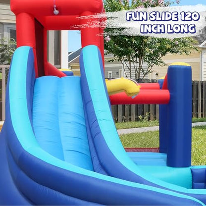 Action Air Inflatable Water Slide for Kids, Backyard Water Park with Big Bouncy Area, Splash Pool, Long Slide, Water Cannon & Sprinkler, 193x138x91 Inch Outdoor Bouncy Castle for Summer Party Fun - color: All in One Bounce Park