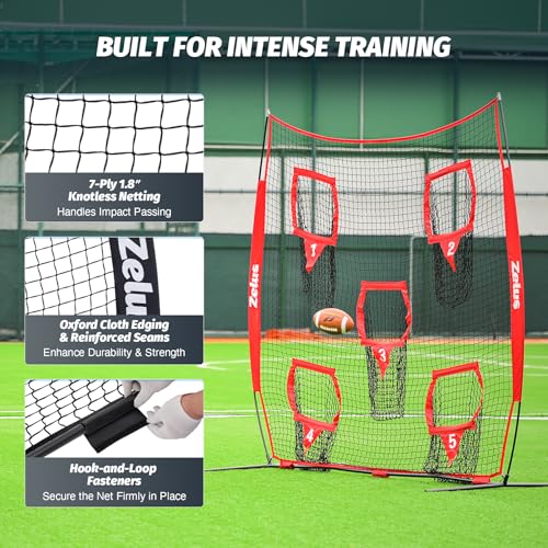 ZELUS Football Throwing Net, Quarterback Training Equipment with 5 Target Pockets, Football Practice Throwing Passing Accuracy Trainer with Carry Bag Ground Stakes for Kids Adults - color: Red, size: 8×8
