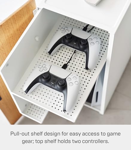 Yamazaki Home Tower Large Capacity Game Console Rack – Organize Controllers, Pull-Out Shelf, Cable Management - Steel - color: White
