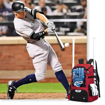 KAVIGOR Baseball Bag for Youth and Adult, Softball Backpack 40L Large Capacity, Bat Backpack with Shoes Compartment and Hidden Helmet Holder - color: Red