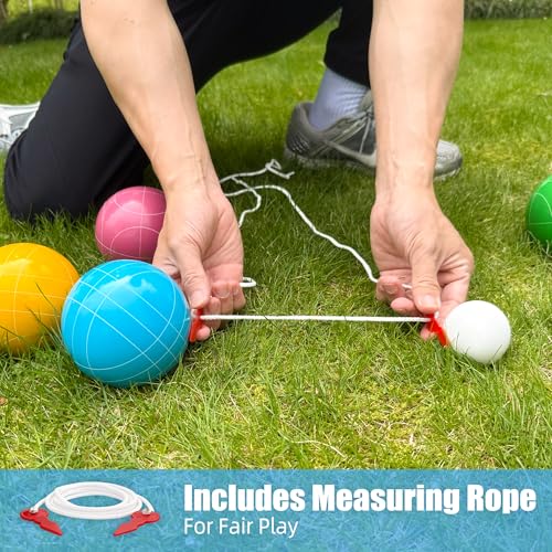 Bocce Ball Set for Backyard Lawn Beach Outdoor Games, Complete with 8 Solid Resin Bocci Balls, Pallino, Measuring Rope & Carry Bag, Multicolor for 2-8 Players (100mm)