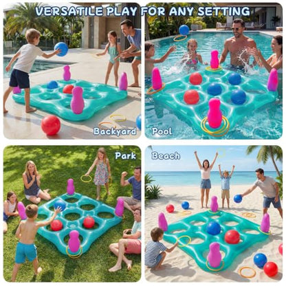 ECHTPower Tic-Tac-Toe Pool Toys Games - 2-in-1 Giant Inflatable Pool Floats with Ring Toss Set and 10 Balls, Fun Summer Party Water Beach Float Pool Game for Adults Teens Kids (Green) - color: Green