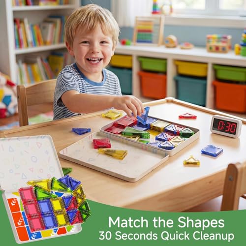 Mini Magnetic Tiles for Kids Travel: 40 PCS Cartoon Tin Box Magnet Building Blocks to Stop Crying - 60 Mins Quiet Play 30s Cleanup - Birthday Gift Boys Girls Age 3-8 - style: Colorful 40PCS