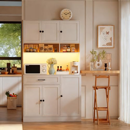 FJTJBSI 72" Kitchen Pantry Cabinet with LED Light and Charging Station Tall Pantry Storage Cabinet with Adjustable Shelves and Door Shelves Modern Kitchen Hutch with Microwave Stand and Countertop - color: White