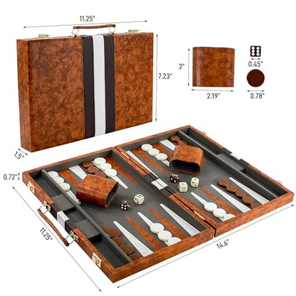 15 Inch Travel Backgammon Set for Adults, Classic Board Game with Premium PU Leather Case, Portable Strategy Backgammon Game Set, Brown - color: Brown