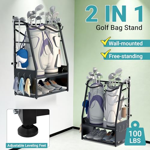 Golf Bag Organizer - Wall Mount & Freestanding - Holds 2 Golf Bags w/ 4 Club Racks, 10 Hooks & Storage Shelf - Golf Bag Stand w/Adjustable Feet for Garage, Store, Club, Shed