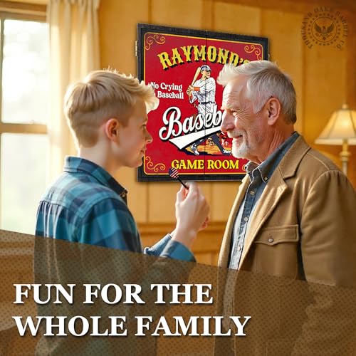 Personalized Dart Board Cabinet Set with 6 Steel Tip Darts, Paper Dartboard, Chalk & Eraser (21.5 x 21.5 x 2.75) - Man Cave Dart Boards for Adults - style: Baseball
