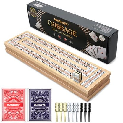 Vamslove Magnetic Cribbage Board 15'' Wooden Folding 3 Track Game Set, w/Instruction, Storage Slots for 2 Playing Cards/Pegs, Card Games for Travel Family Night