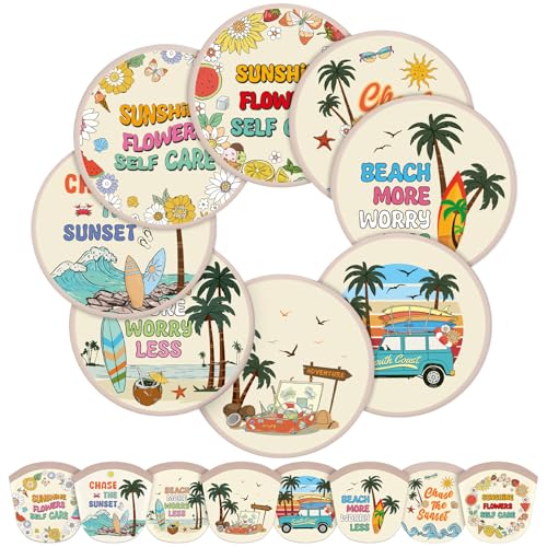 Gejoy 24 Pcs Beach Vacation Foldable Fan Style Summer Coconut Trees and Beaches Handheld Round Folding Flying Disc for Women Man Daily Use Festival Wedding Party Favors Decorations Portable, 8 Style - color: Beach Vacation