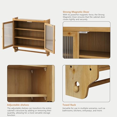 Retro Style Haze Double Glass Door Wood Wall Cabinet with Detachable Shelves for Office, Dining Room,Living Room, Kitchen and Bathroom Natural - color: Natural