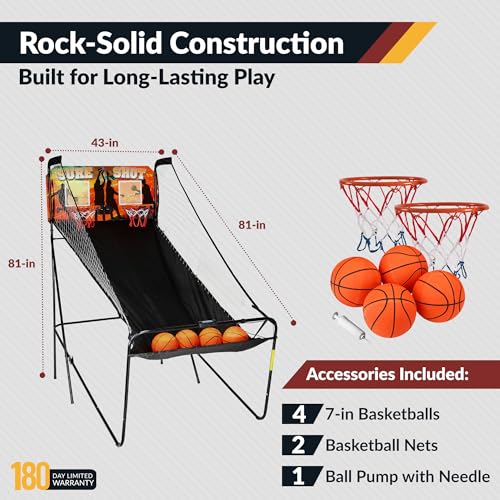 Hathaway Sure Shot 81-in Dual Basketball Arcade Game for Game Room - with LED Scoring, Foldable Indoor Basketball Game Design, Steel Frame, 8 Game Modes, Pump & Dual Hoops - Orange/Black Finish