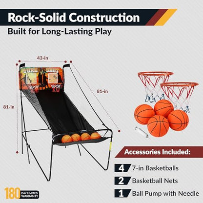 Hathaway Sure Shot 81-in Dual Basketball Arcade Game for Game Room - with LED Scoring, Foldable Indoor Basketball Game Design, Steel Frame, 8 Game Modes, Pump & Dual Hoops - Orange/Black Finish