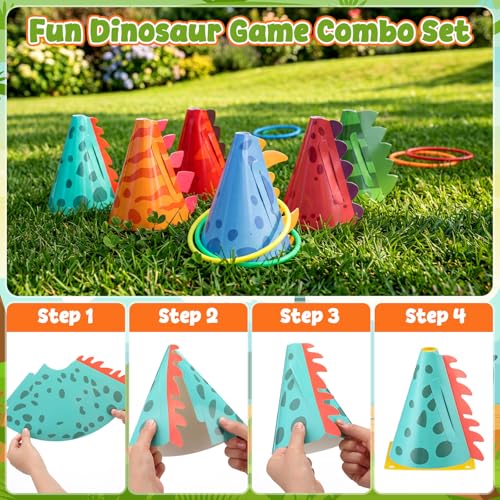 RoundFunny 12set 3 in 1 Ring Toss Game Set, Carnival Game Kit with Cones, Rings, Bean Bags & Storage Bag, Includes 12 Dinosaur Card Sets for DIY Toss Games, Birthday Party, Easter, Carnival - style: Dinosaur