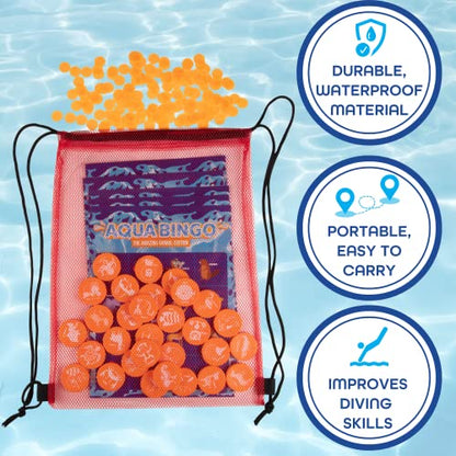 Pool Bingo Diving Game for Kids- Summer Party Fun Edition Toy- Dive & Call 30 Sinking Animal Themed "Numbers", Fill Your Card- 150 Marker Chips & 16 Double Sided Waterproof Play Cards & Carrying Bag - style: Animal