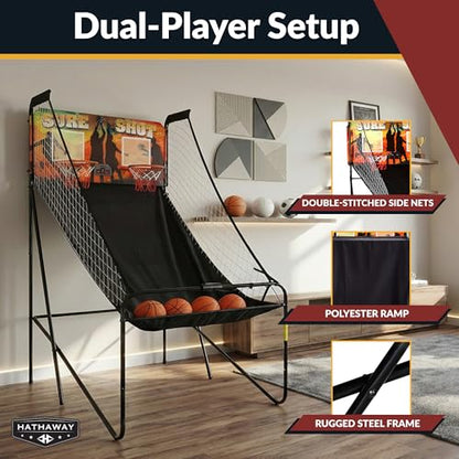 Hathaway Sure Shot 81-in Dual Basketball Arcade Game for Game Room - with LED Scoring, Foldable Indoor Basketball Game Design, Steel Frame, 8 Game Modes, Pump & Dual Hoops - Orange/Black Finish