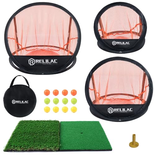 RELILAC Pop Up Golf Chipping Practice Net Set - Indoor/Outdoor Golfing Target Accessories for Golf Practice - Improve Your Short Game - Gifts for Men, Dad, Mom, Husband, Women, Kid, Golfers - style: Net + Mat + 12Balls