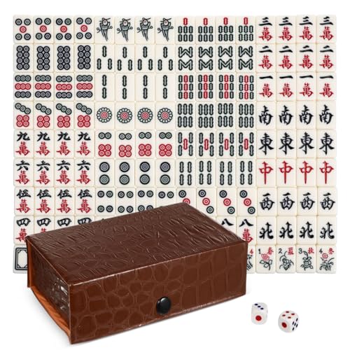 Angoily Mini Travel Mahjong Set, 146 Chinese Tiles with Case | 0.8 in melamine tiles pack into a brown case for trips, beginners, family game nights, and compact tabletop play