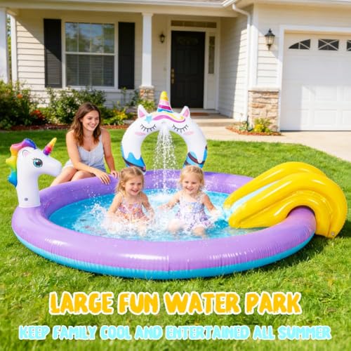 Unicorn Inflatable Swimming Pool with Water Slides, Inflatable Play Center Kiddie Pool with Water Sprayer Garden Outdoor Backyard - size: 76.8"