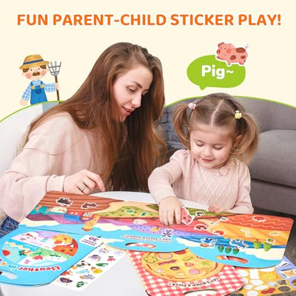 JoyCat Reusable Sticker Book Set (3-Pack): Farm, Pizza-Making, Weather - 90 Pcs Stickers for Toddlers, Kids Sticker Activity Book, Road Trip Travel Toys, Birthday Gifts for Boys and Girls - style: 3-Pack: Weather, Farm, Pizza