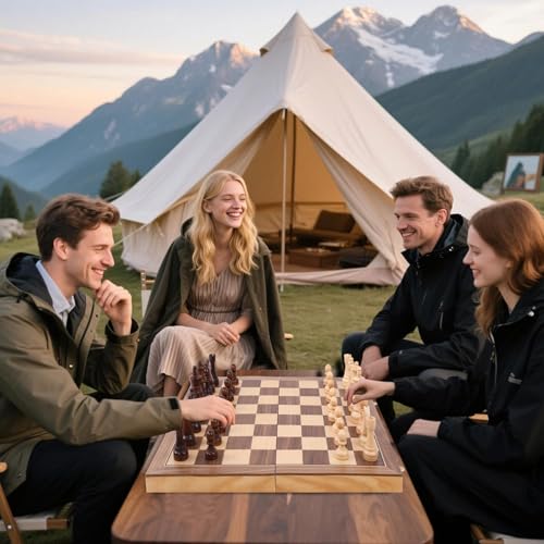 Ajedrez Magnetic Wooden Chess Set with Staunton Pieces, 15" Solid Wood Folding Chess Board with 2 Extra Queens, Internal Storage Slots for Adults Kids, Gift Box - color: Natural Wood Color
