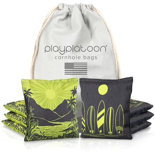 Professional Cornhole Bags - Set of 8 Regulation All Weather Double Sided - Sticky Side/Slick Side Bean Bags for Pro Corn Hole Game - color: Green / Black Surf Spot